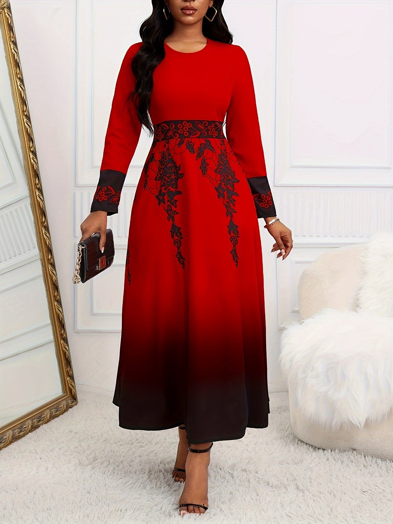 Floral Print Round Neck Long Sleeve Tunic Dress, Vintage Flared Gradient Color Maxi Dress, Women's Clothing