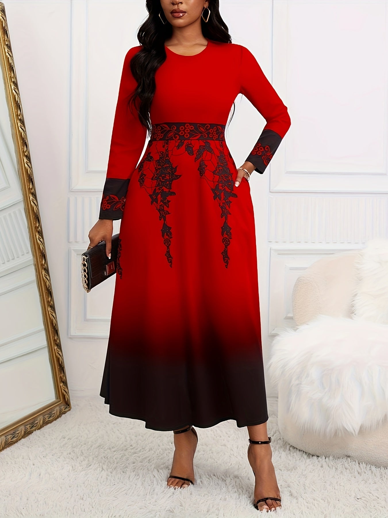 Floral Print Round Neck Long Sleeve Tunic Dress, Vintage Flared Gradient Color Maxi Dress, Women's Clothing