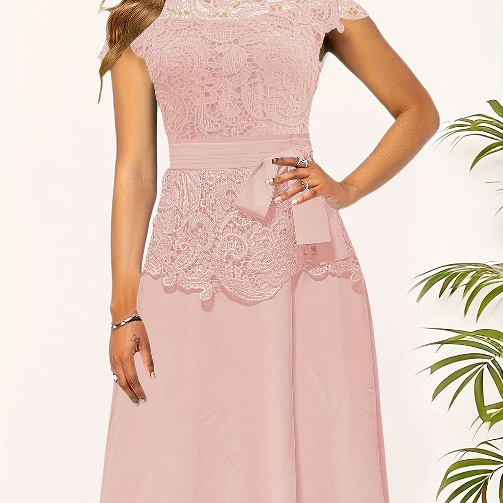 Chic Spring/Fall Elegance: Timeless Belted Lace Contrast A-Line Dress, Easy Maintenance & Comfort Fit