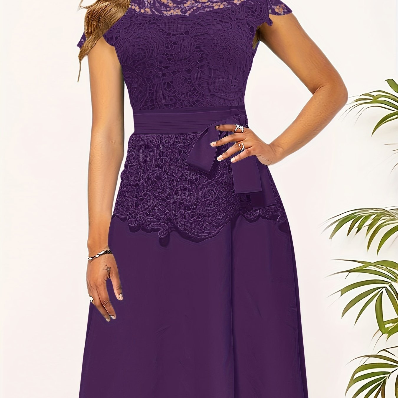 Chic Spring/Fall Elegance: Timeless Belted Lace Contrast A-Line Dress, Easy Maintenance & Comfort Fit