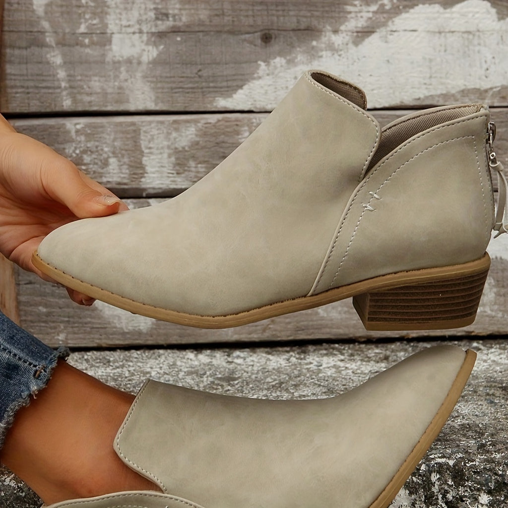 Women's Chunky Heeled Ankle V Cut Boots, Stacked Heeled Back Zipper Pointed Toe Shoes, Women's Footwear