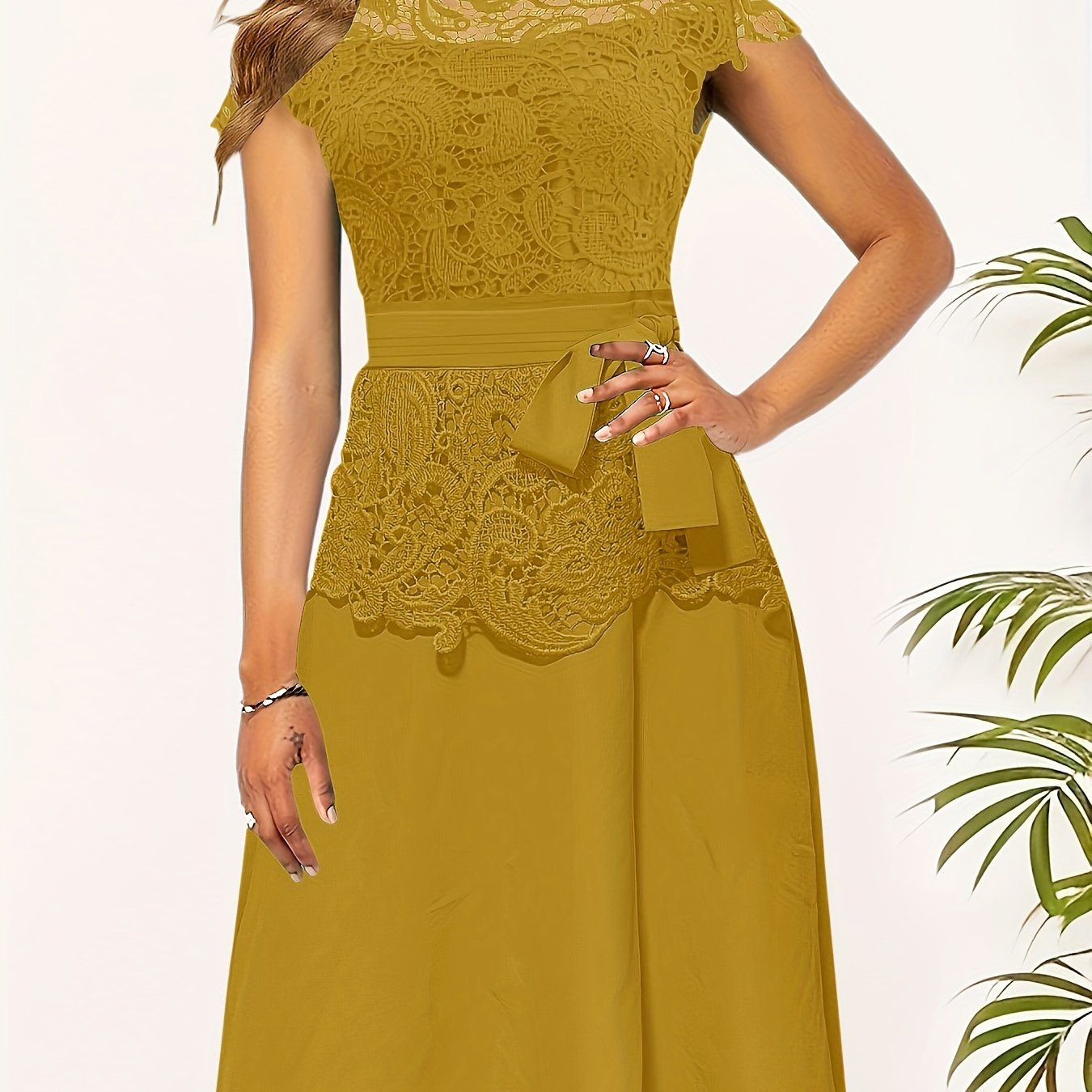 Chic Spring/Fall Elegance: Timeless Belted Lace Contrast A-Line Dress, Easy Maintenance & Comfort Fit