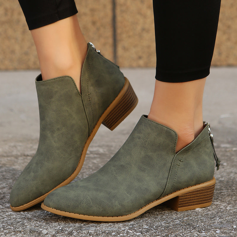 Women's Chunky Heeled Ankle V Cut Boots, Stacked Heeled Back Zipper Pointed Toe Shoes, Women's Footwear
