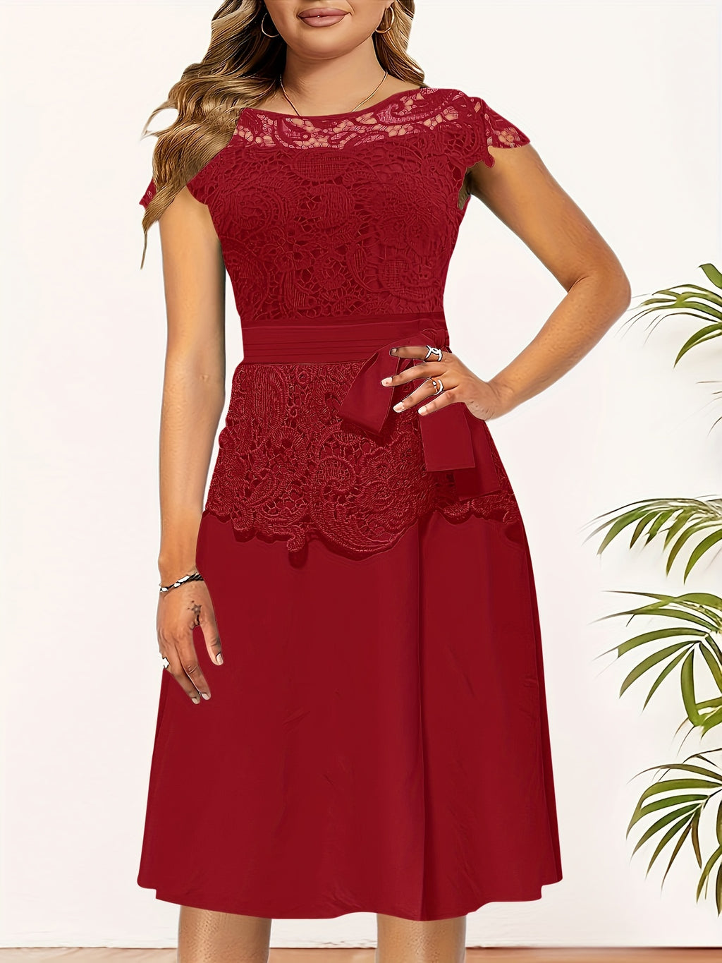 Chic Spring/Fall Elegance: Timeless Belted Lace Contrast A-Line Dress, Easy Maintenance & Comfort Fit