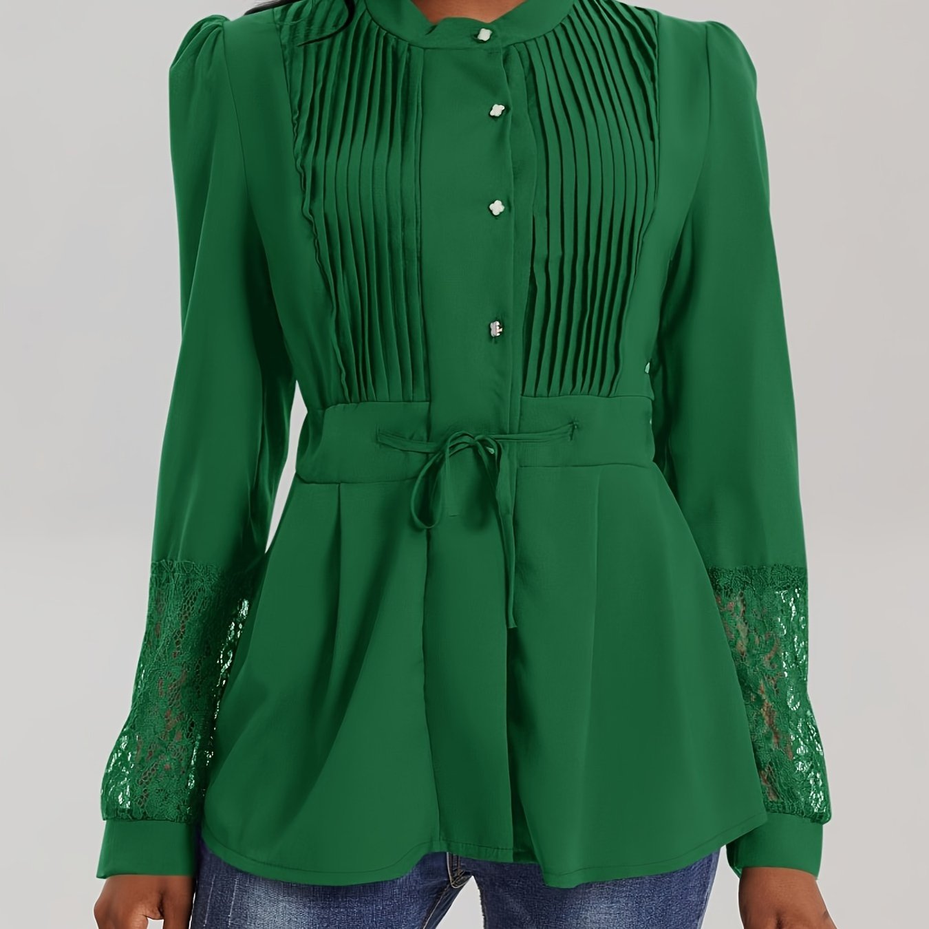Elegant Lace Blouse - Long Sleeve, Mock Neck, Pleated Contrast Design, Women's Clothing for Chic Style