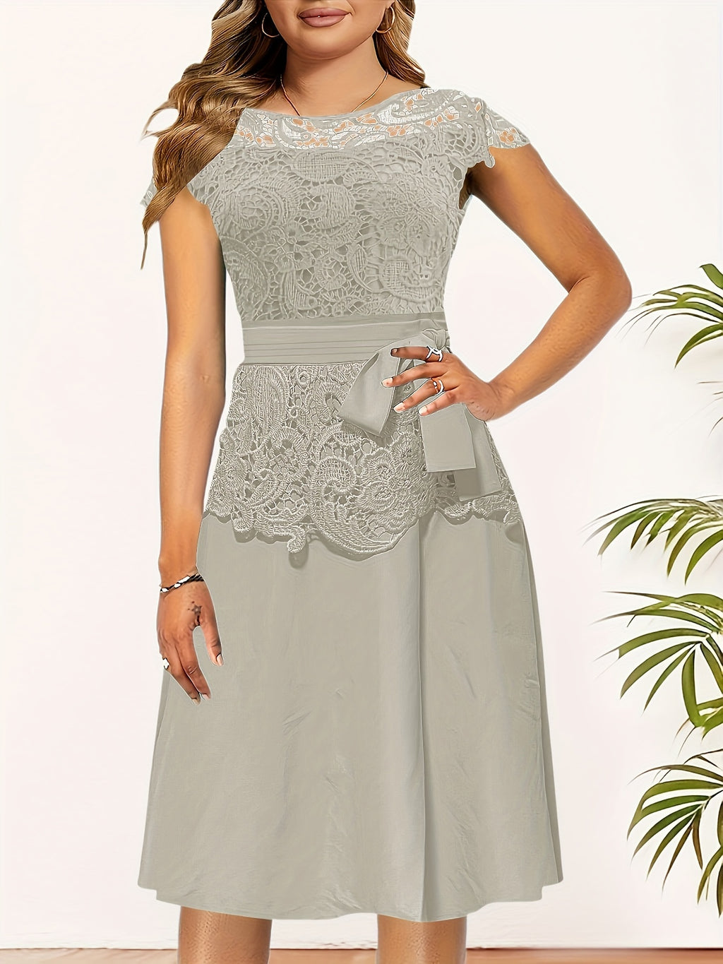 Chic Spring/Fall Elegance: Timeless Belted Lace Contrast A-Line Dress, Easy Maintenance & Comfort Fit