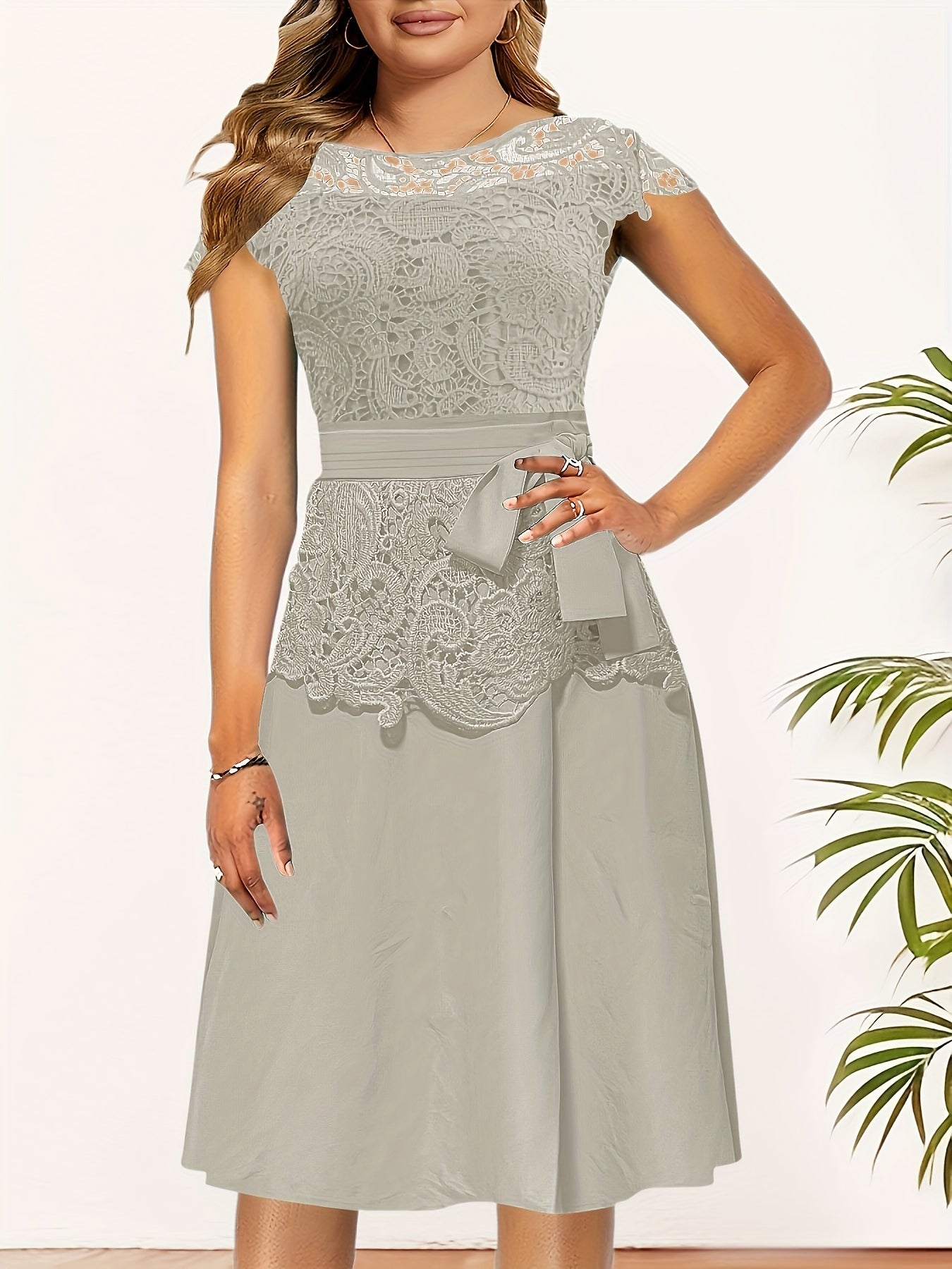 Chic Spring/Fall Elegance: Timeless Belted Lace Contrast A-Line Dress, Easy Maintenance & Comfort Fit