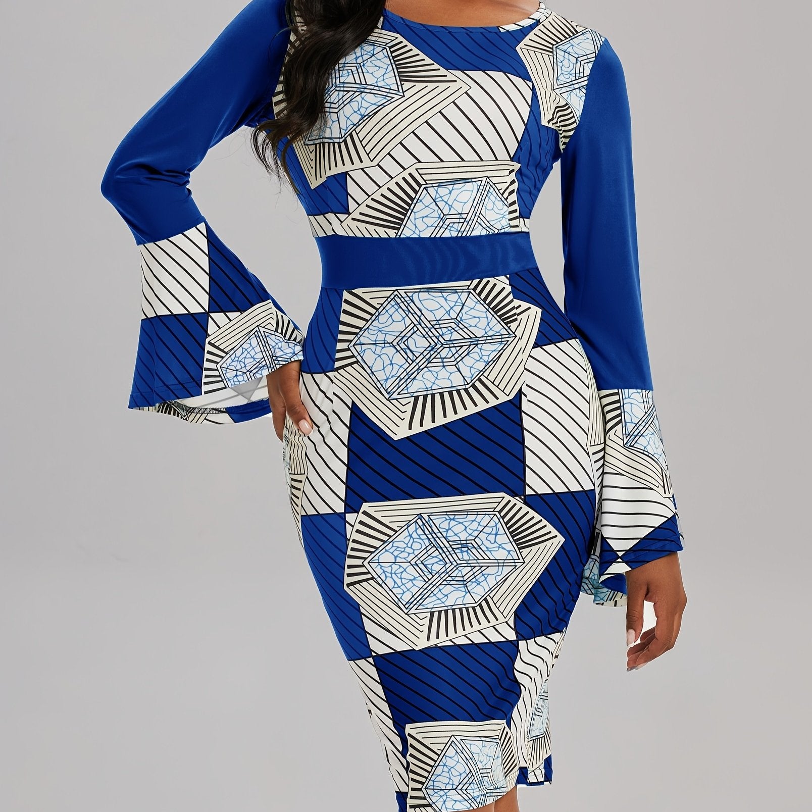 Elegant Women's Geo Print Color Block Bodycon Dress with Crew Neck and Flared Long Sleeves