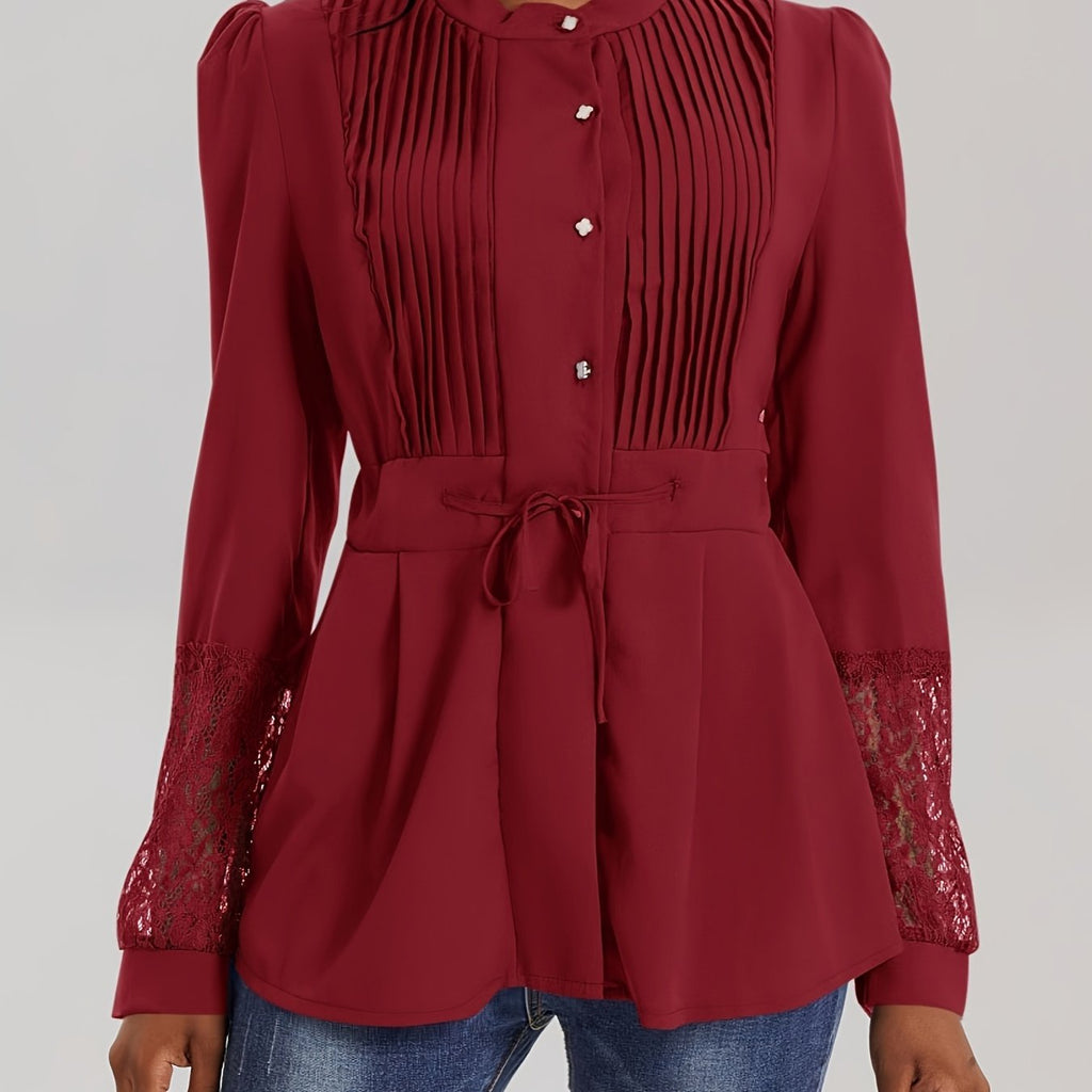 Elegant Lace Blouse - Long Sleeve, Mock Neck, Pleated Contrast Design, Women's Clothing for Chic Style