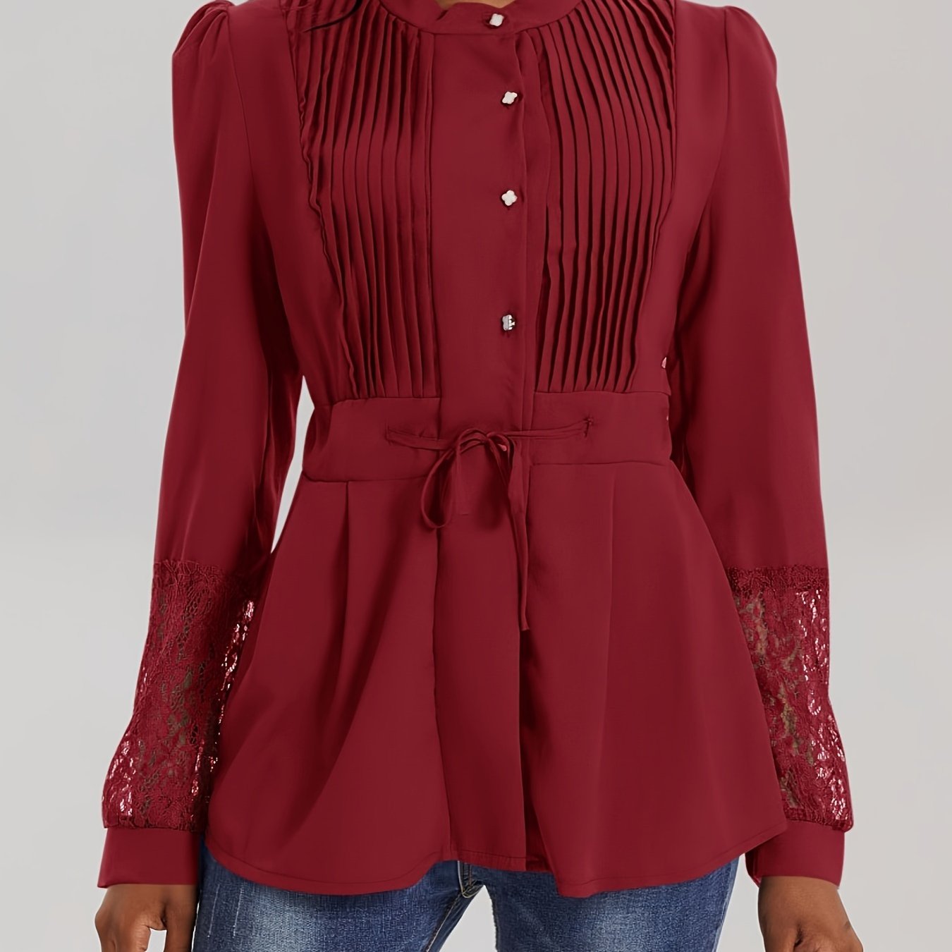 Elegant Lace Blouse - Long Sleeve, Mock Neck, Pleated Contrast Design, Women's Clothing for Chic Style