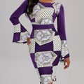 Elegant Women's Geo Print Color Block Bodycon Dress with Crew Neck and Flared Long Sleeves