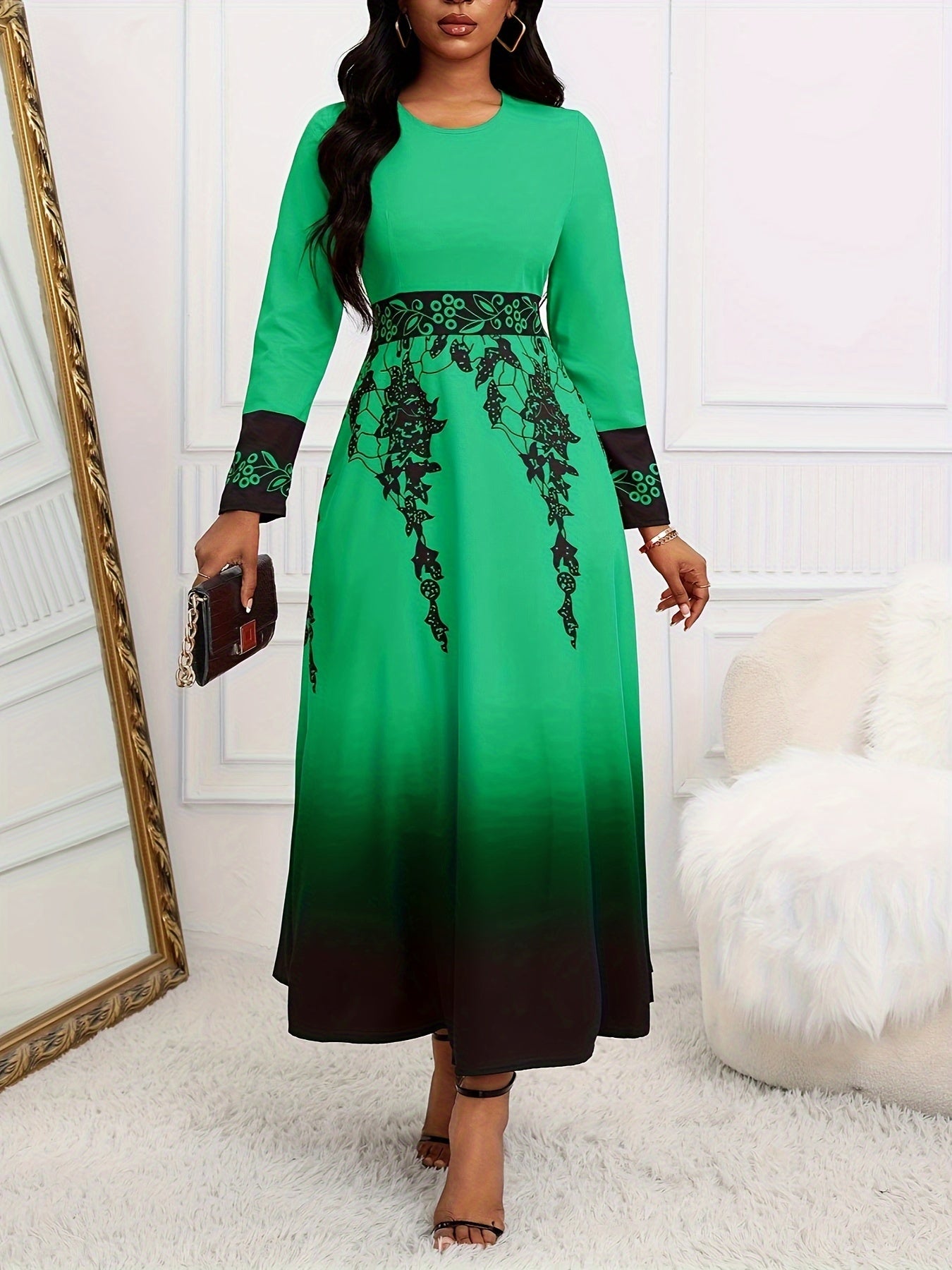 Floral Print Round Neck Long Sleeve Tunic Dress, Vintage Flared Gradient Color Maxi Dress, Women's Clothing