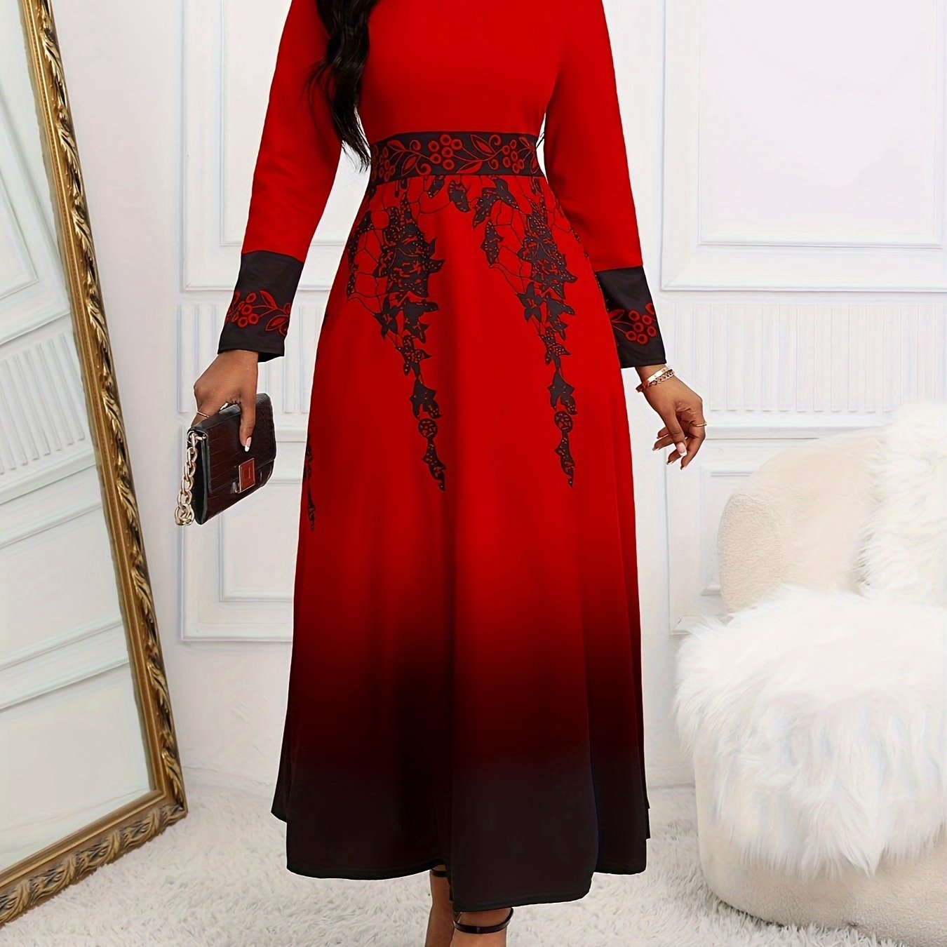 Floral Print Round Neck Long Sleeve Tunic Dress, Vintage Flared Gradient Color Maxi Dress, Women's Clothing