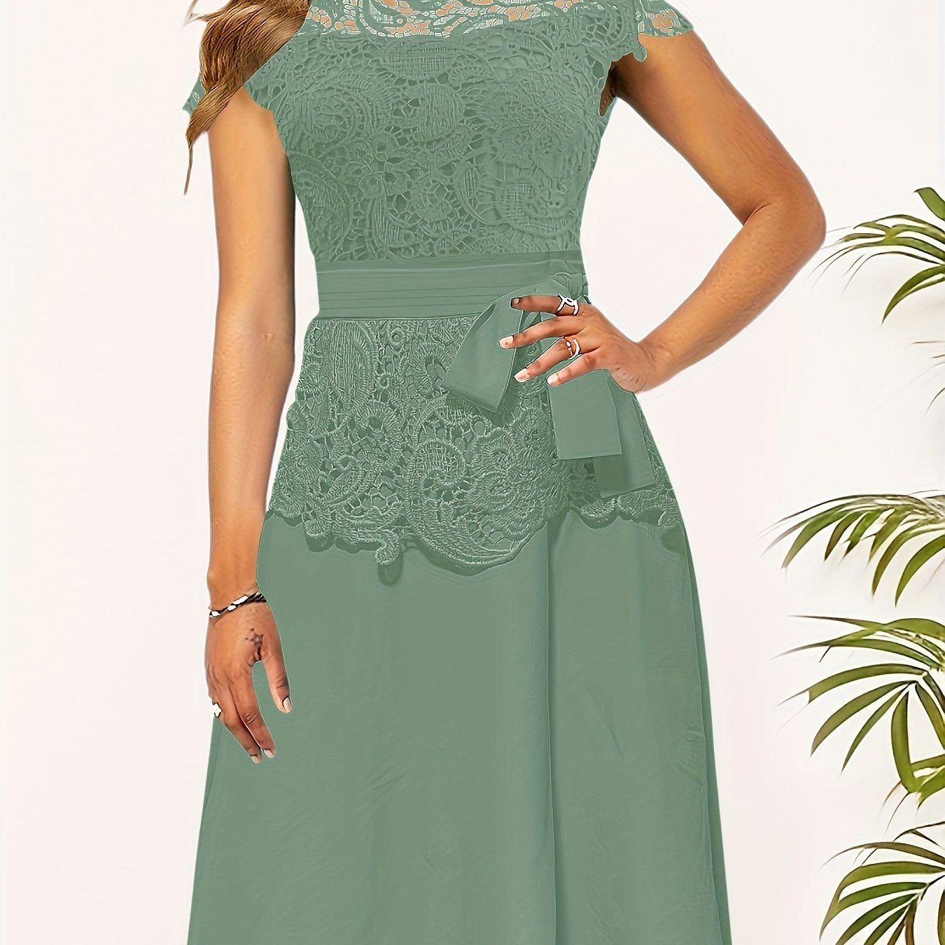 Chic Spring/Fall Elegance: Timeless Belted Lace Contrast A-Line Dress, Easy Maintenance & Comfort Fit