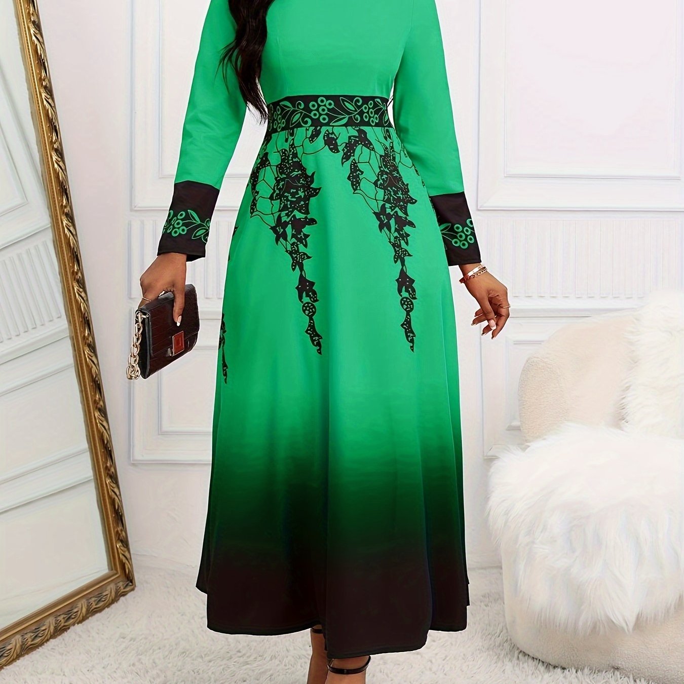 Floral Print Round Neck Long Sleeve Tunic Dress, Vintage Flared Gradient Color Maxi Dress, Women's Clothing