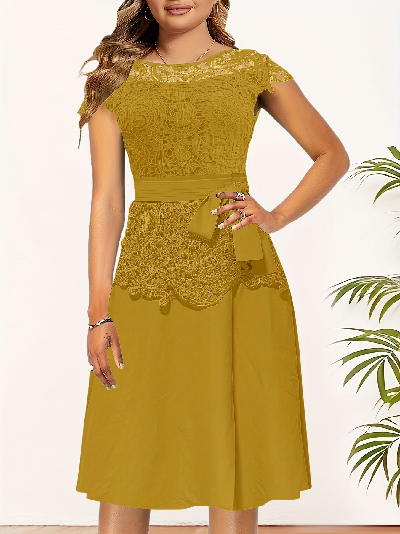 Chic Spring/Fall Elegance: Timeless Belted Lace Contrast A-Line Dress, Easy Maintenance & Comfort Fit