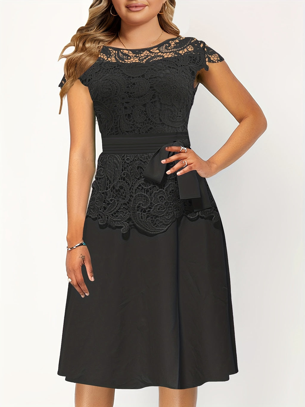 Chic Spring/Fall Elegance: Timeless Belted Lace Contrast A-Line Dress, Easy Maintenance & Comfort Fit