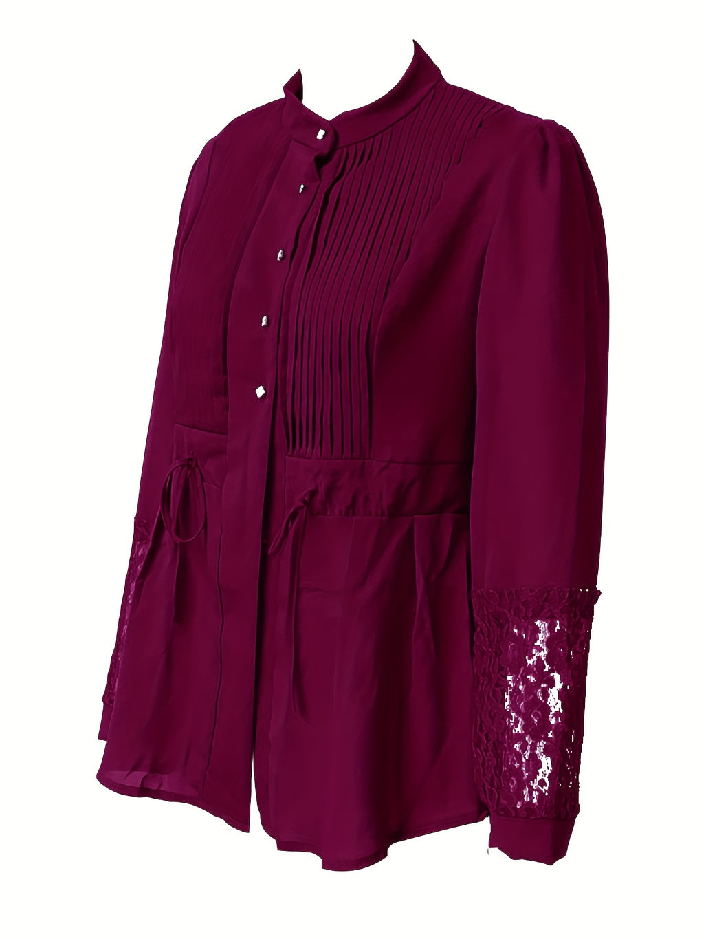 Elegant Lace Blouse - Long Sleeve, Mock Neck, Pleated Contrast Design, Women's Clothing for Chic Style