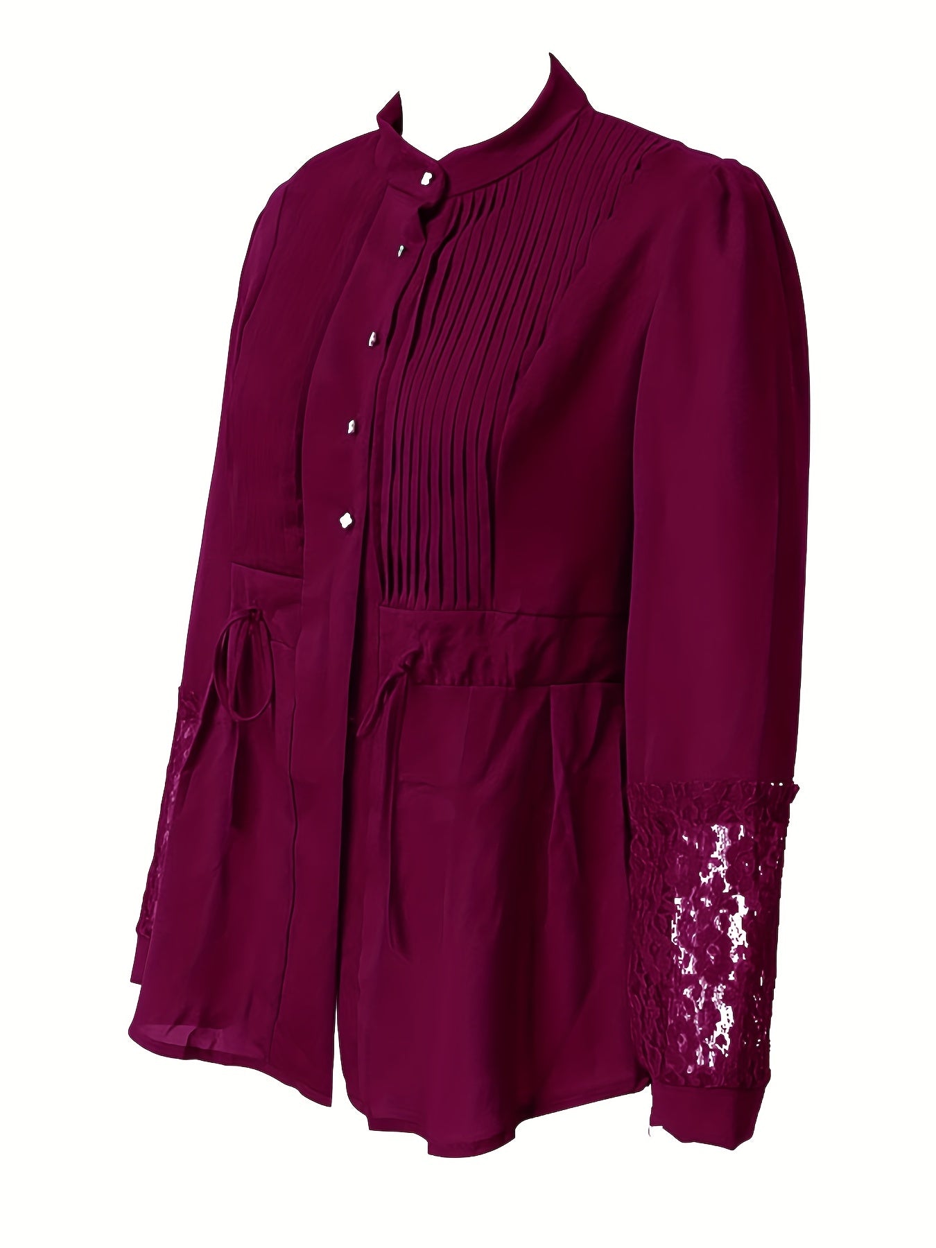 Elegant Lace Blouse - Long Sleeve, Mock Neck, Pleated Contrast Design, Women's Clothing for Chic Style