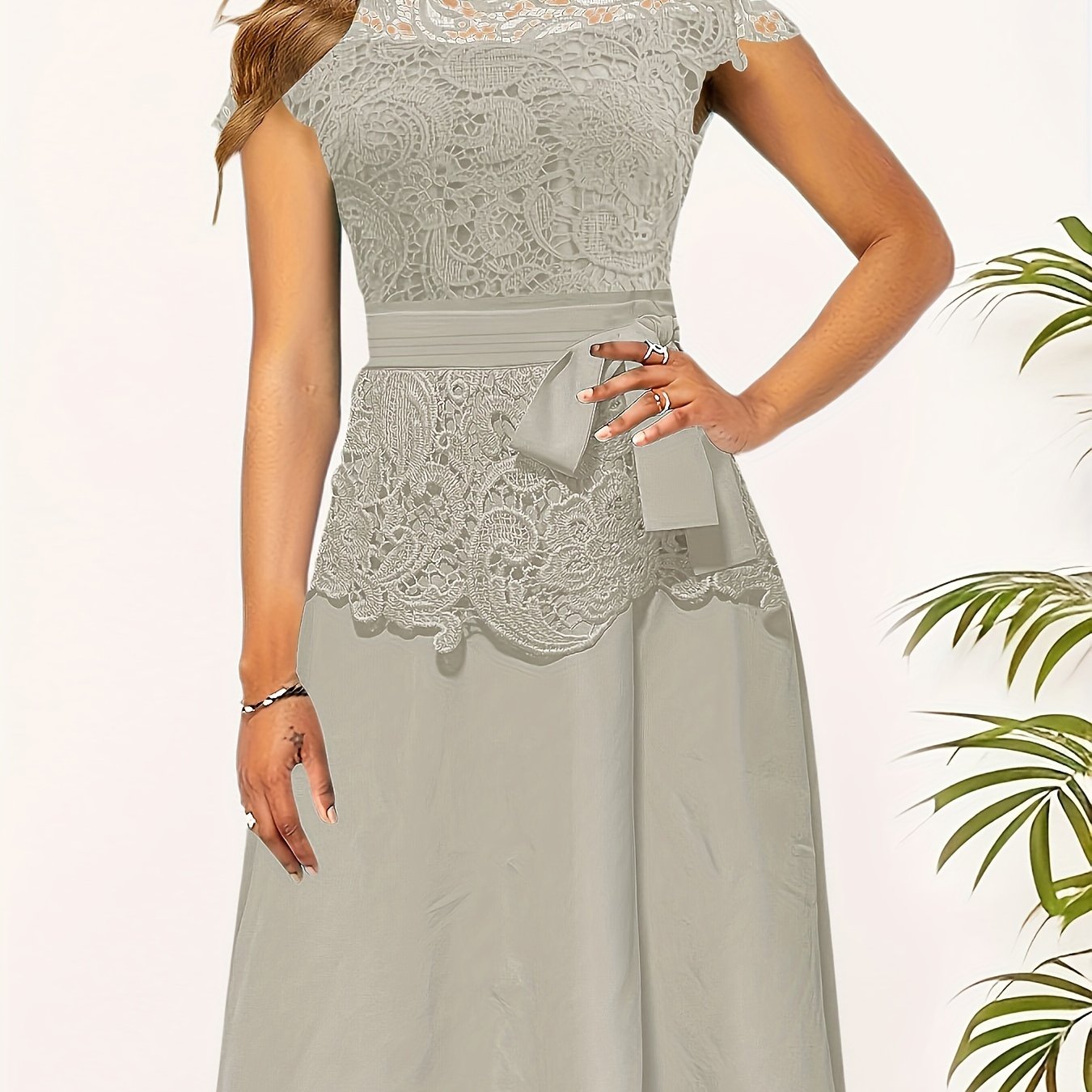 Chic Spring/Fall Elegance: Timeless Belted Lace Contrast A-Line Dress, Easy Maintenance & Comfort Fit