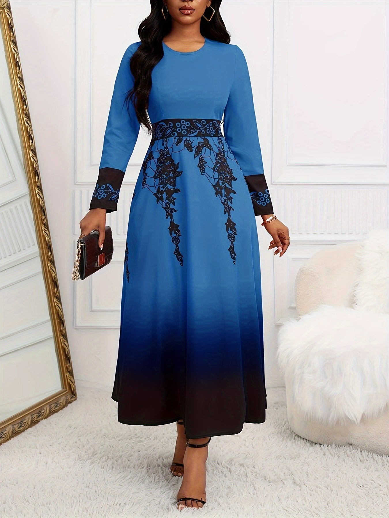 Floral Print Round Neck Long Sleeve Tunic Dress, Vintage Flared Gradient Color Maxi Dress, Women's Clothing