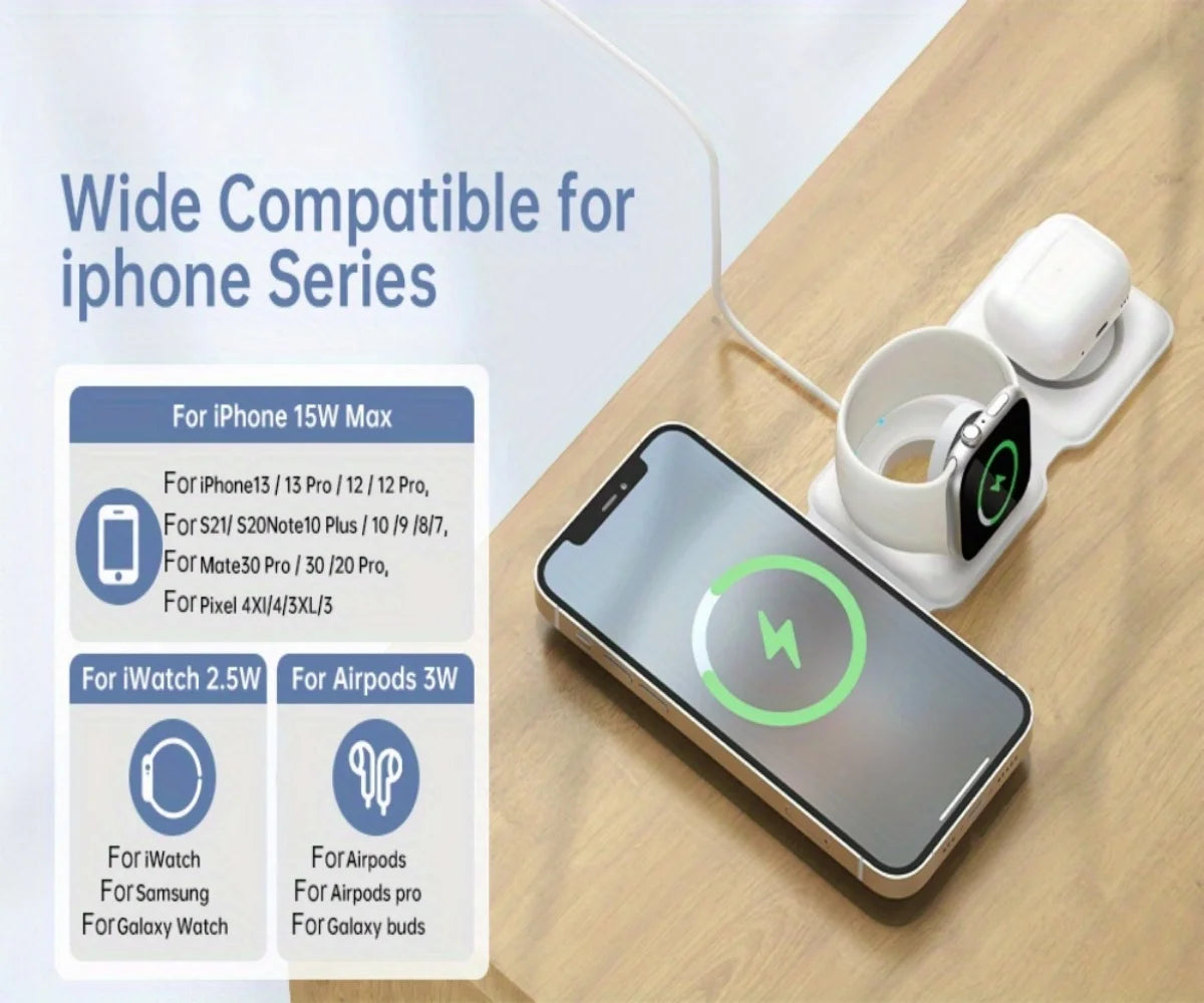 3 in 1 15W Foldable Wireless Charger Pad Stand For iPhone 17 16 15 14 Pro Max Airpods iWatch Fast Wireless Charging Dock Station