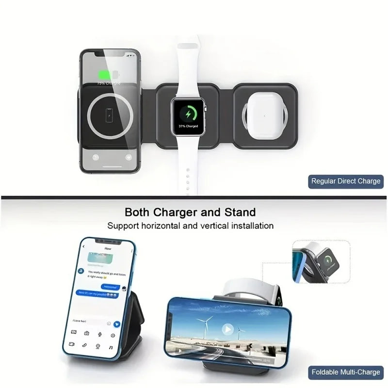 3 in 1 15W Foldable Wireless Charger Pad Stand For iPhone 17 16 15 14 Pro Max Airpods iWatch Fast Wireless Charging Dock Station