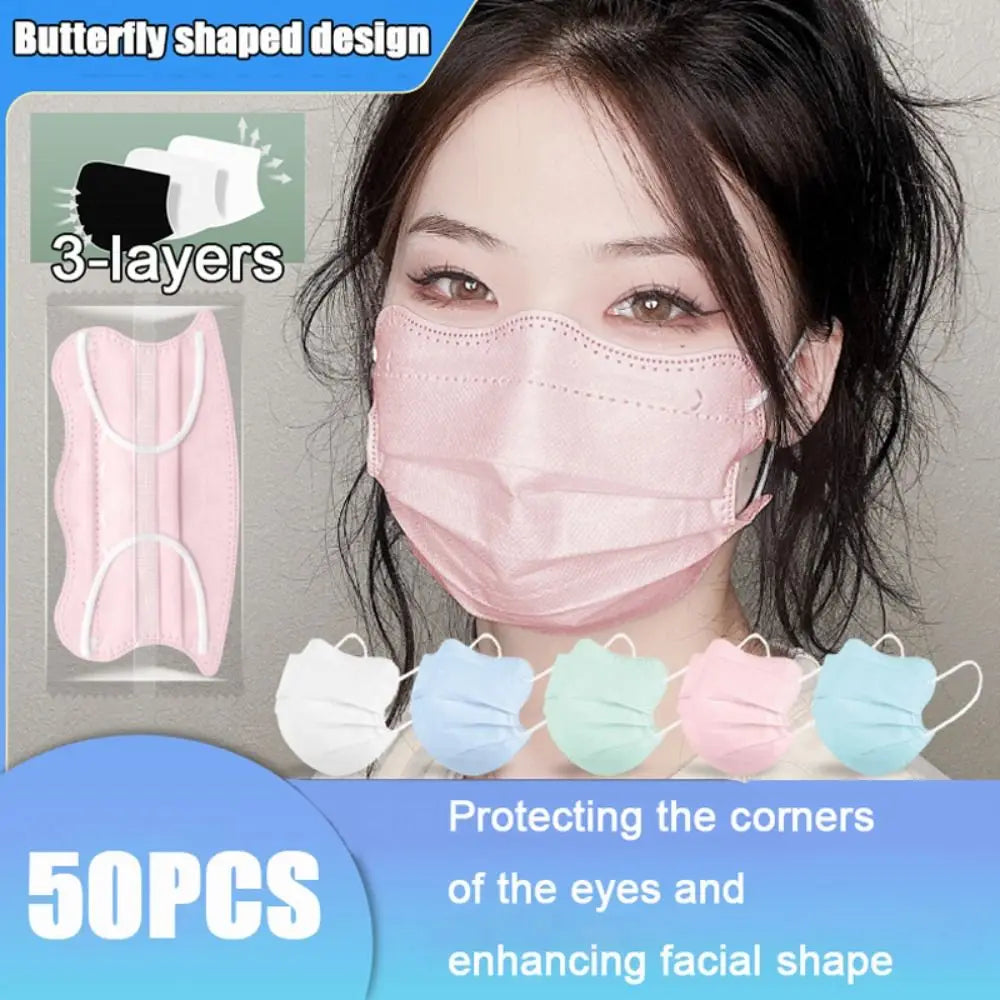50pcs 3layer Anti-dust Mask Butterfly Shaped Design Mask Adult Face Mask Women Female Protective Disposable Face Cover