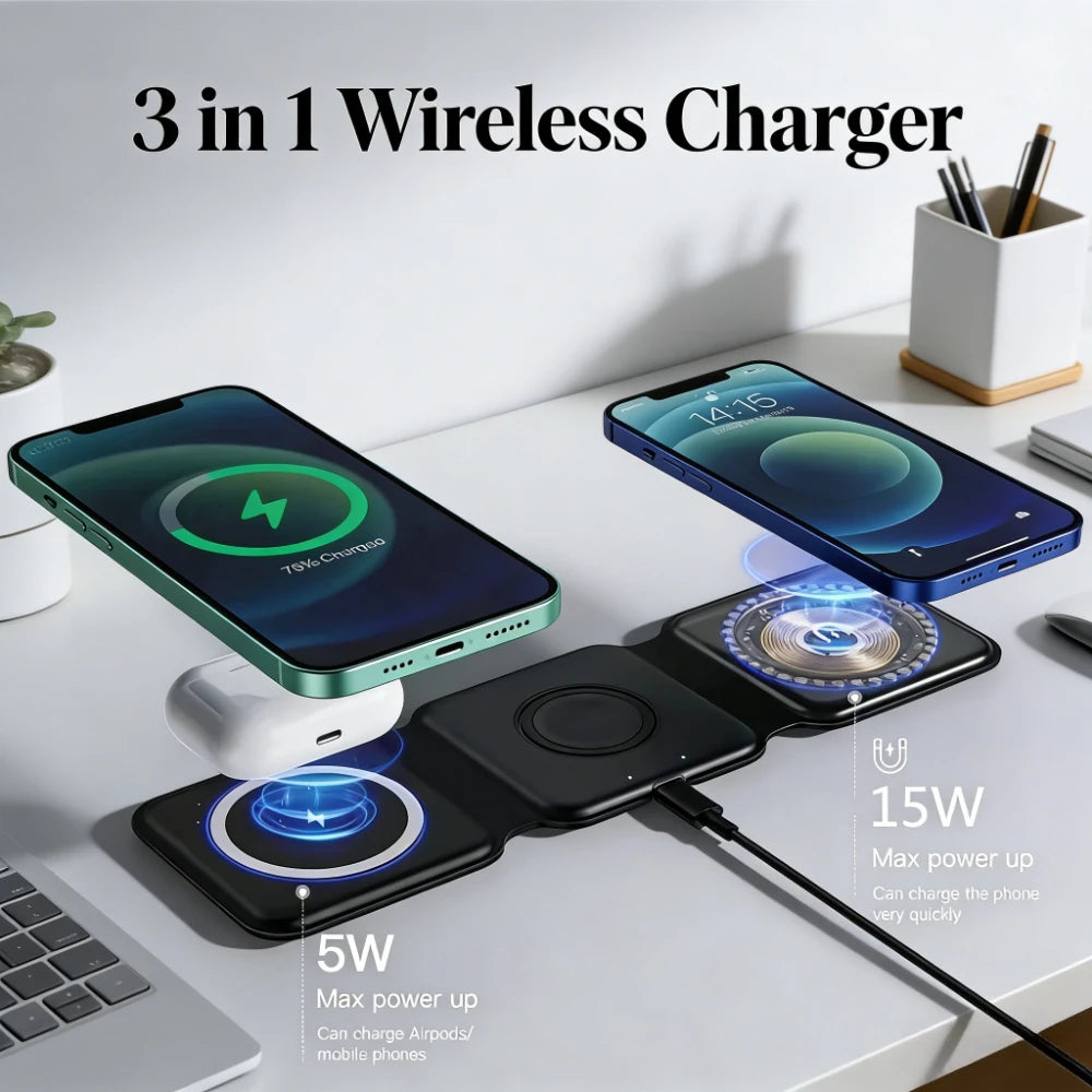 3 in 1 15W Foldable Wireless Charger Pad Stand For iPhone 17 16 15 14 Pro Max Airpods iWatch Fast Wireless Charging Dock Station