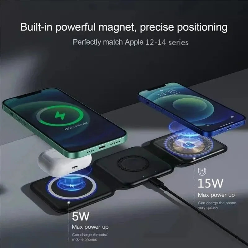 3 in 1 15W Foldable Wireless Charger Pad Stand For iPhone 17 16 15 14 Pro Max Airpods iWatch Fast Wireless Charging Dock Station