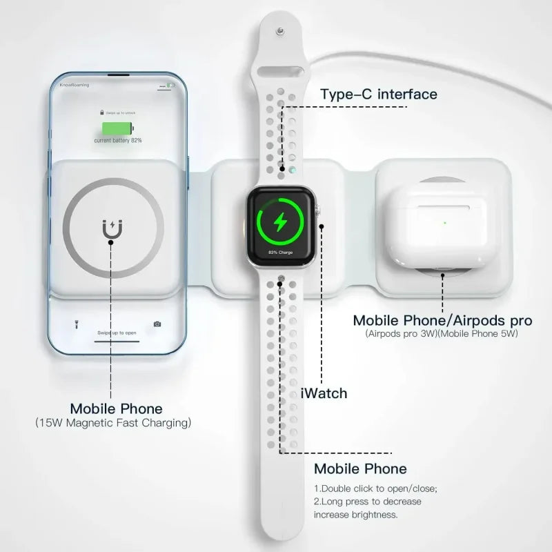 3 in 1 15W Foldable Wireless Charger Pad Stand For iPhone 17 16 15 14 Pro Max Airpods iWatch Fast Wireless Charging Dock Station