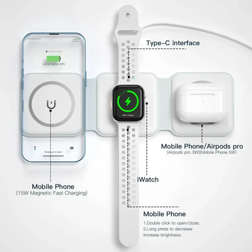 3 in 1 15W Foldable Wireless Charger Pad Stand For iPhone 17 16 15 14 Pro Max Airpods iWatch Fast Wireless Charging Dock Station