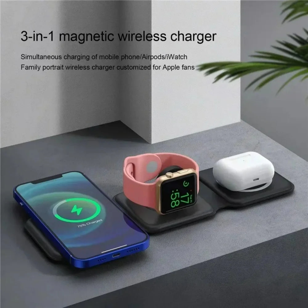 3 in 1 15W Foldable Wireless Charger Pad Stand For iPhone 17 16 15 14 Pro Max Airpods iWatch Fast Wireless Charging Dock Station