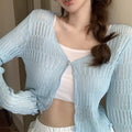 Long Sleeve Knitted Cardigan Women Summer Short Thin Loose Hollow Out Edible Tree Fungus Korean Style V-neck Sun Protection Tops