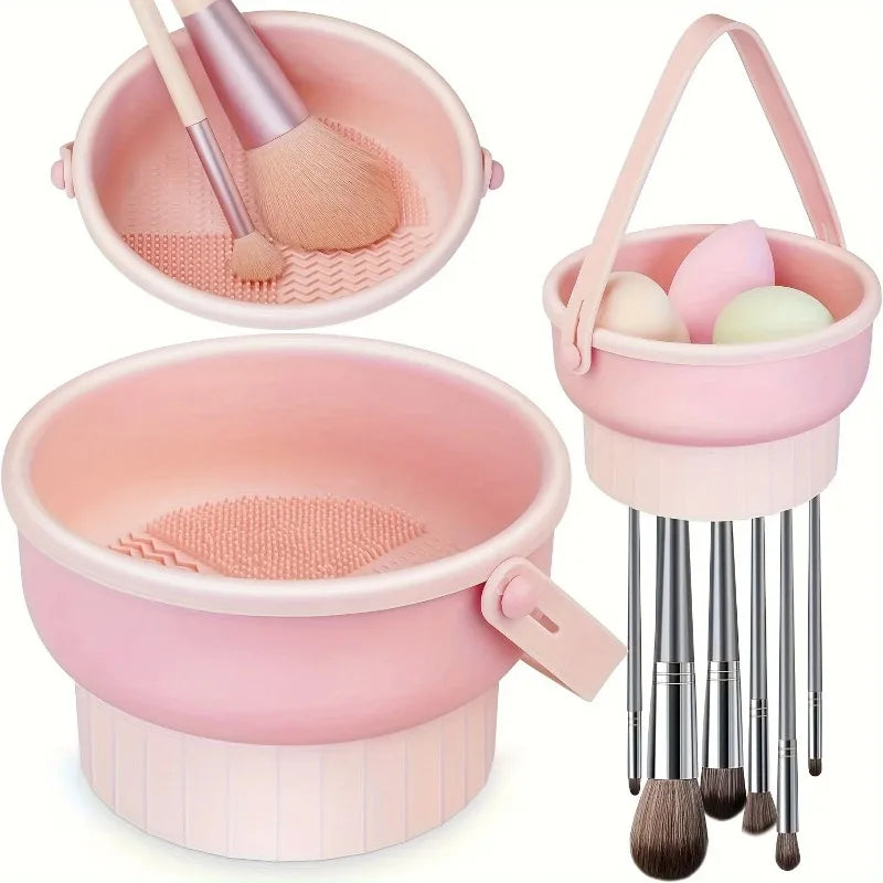 3-In-1 Silicone Makeup Brush Cleaner Mat Cosmetic Brush Cleaning Tool with Drying Rack Beauty Organizer Kit for Makeup Lovers
