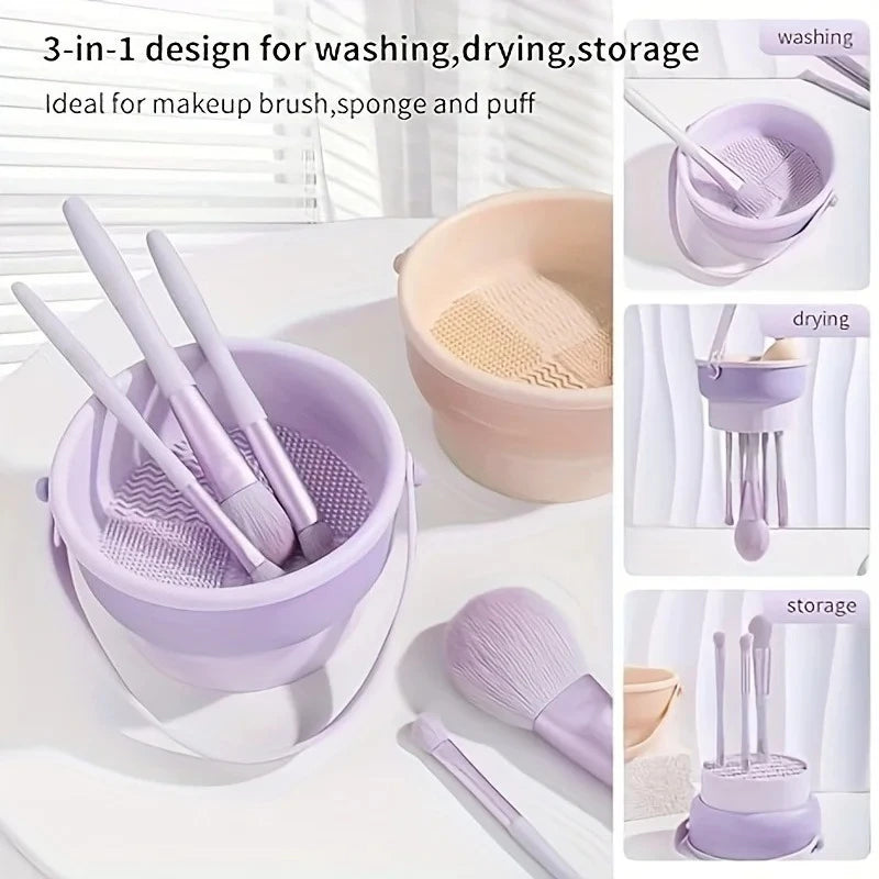 3-In-1 Silicone Makeup Brush Cleaner Mat Cosmetic Brush Cleaning Tool with Drying Rack Beauty Organizer Kit for Makeup Lovers