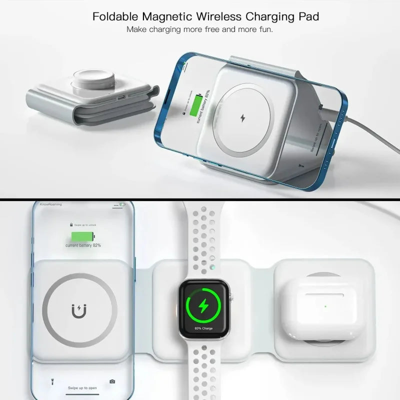 3 in 1 15W Foldable Wireless Charger Pad Stand For iPhone 17 16 15 14 Pro Max Airpods iWatch Fast Wireless Charging Dock Station