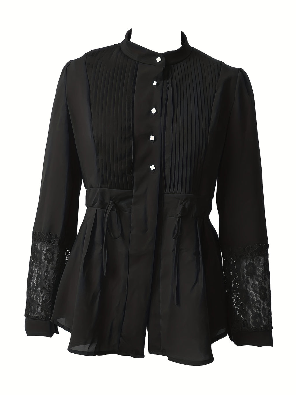 Elegant Lace Blouse - Long Sleeve, Mock Neck, Pleated Contrast Design, Women's Clothing for Chic Style