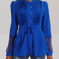 Elegant Lace Blouse - Long Sleeve, Mock Neck, Pleated Contrast Design, Women's Clothing for Chic Style