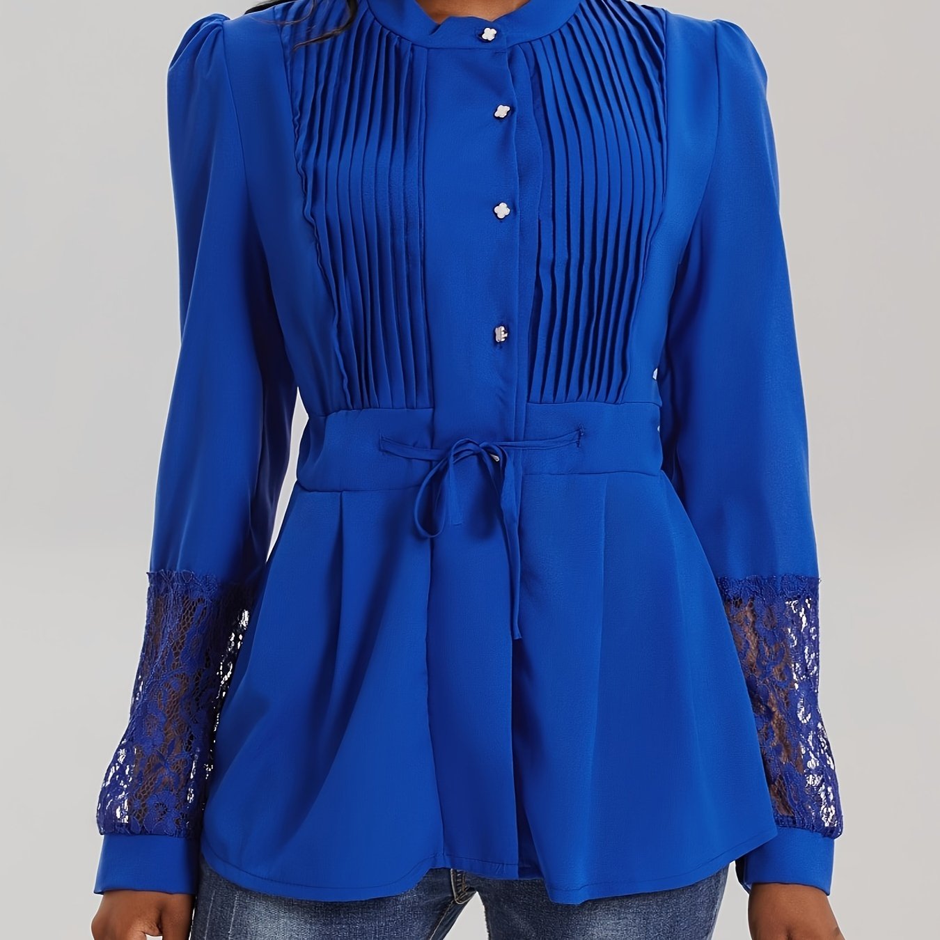 Elegant Lace Blouse - Long Sleeve, Mock Neck, Pleated Contrast Design, Women's Clothing for Chic Style