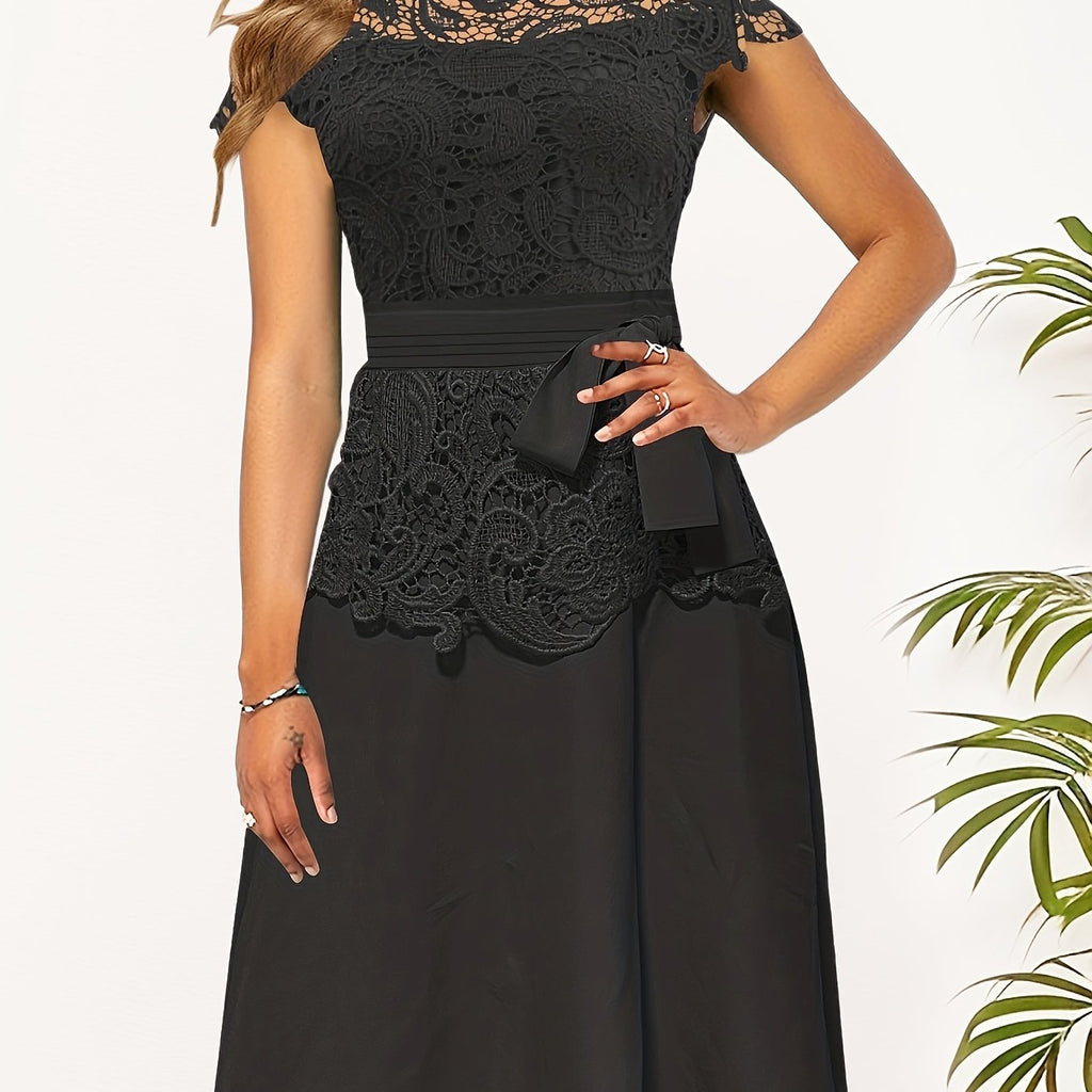 Chic Spring/Fall Elegance: Timeless Belted Lace Contrast A-Line Dress, Easy Maintenance & Comfort Fit