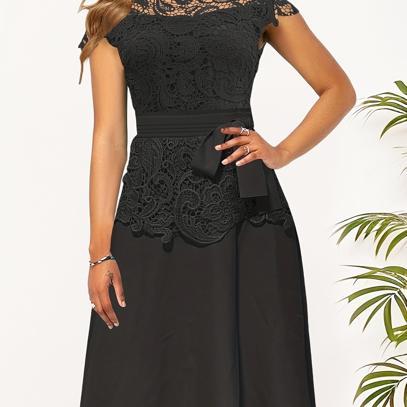 Chic Spring/Fall Elegance: Timeless Belted Lace Contrast A-Line Dress, Easy Maintenance & Comfort Fit