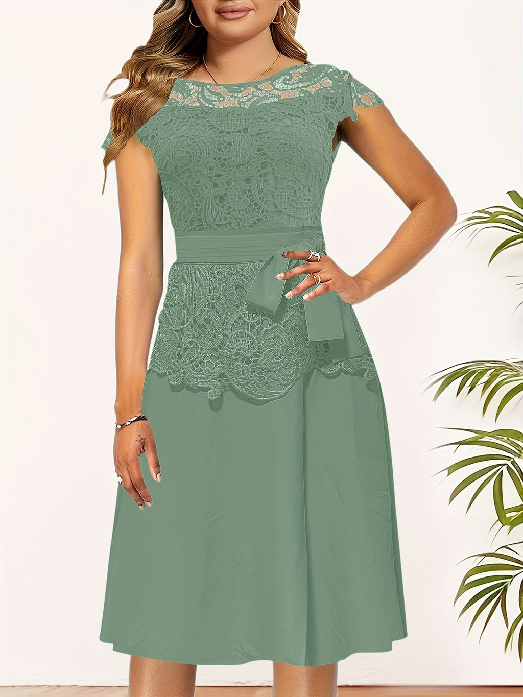 Chic Spring/Fall Elegance: Timeless Belted Lace Contrast A-Line Dress, Easy Maintenance & Comfort Fit