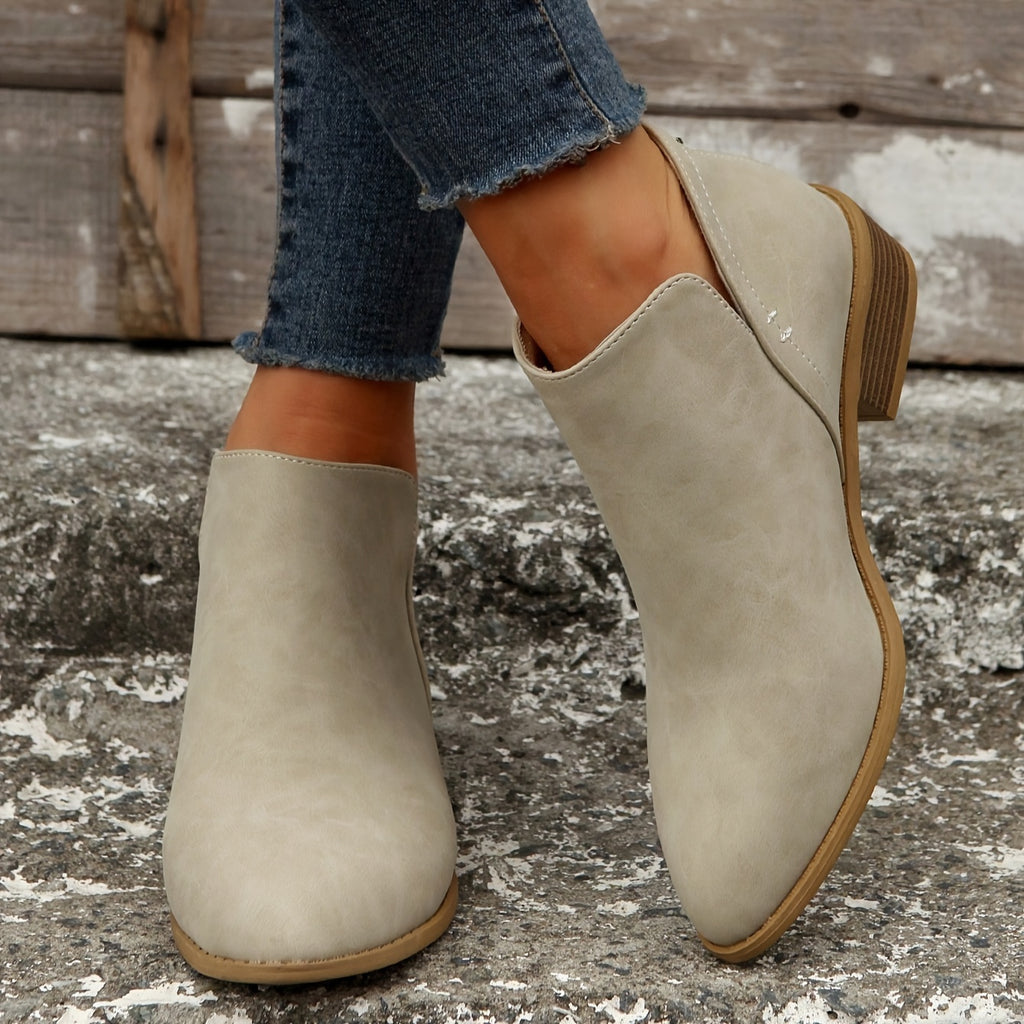 Women's Chunky Heeled Ankle V Cut Boots, Stacked Heeled Back Zipper Pointed Toe Shoes, Women's Footwear