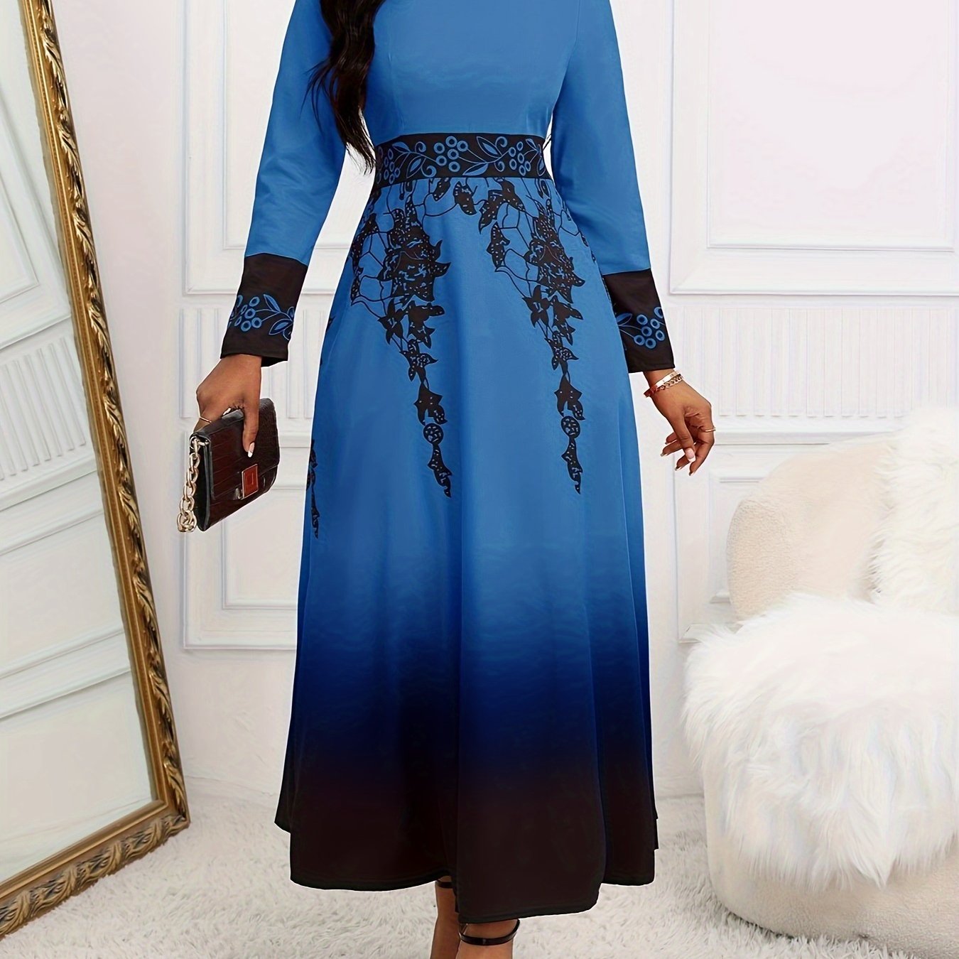 Floral Print Round Neck Long Sleeve Tunic Dress, Vintage Flared Gradient Color Maxi Dress, Women's Clothing