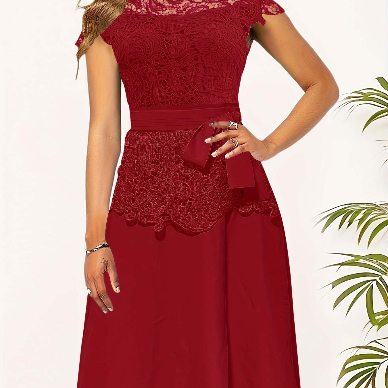 Chic Spring/Fall Elegance: Timeless Belted Lace Contrast A-Line Dress, Easy Maintenance & Comfort Fit