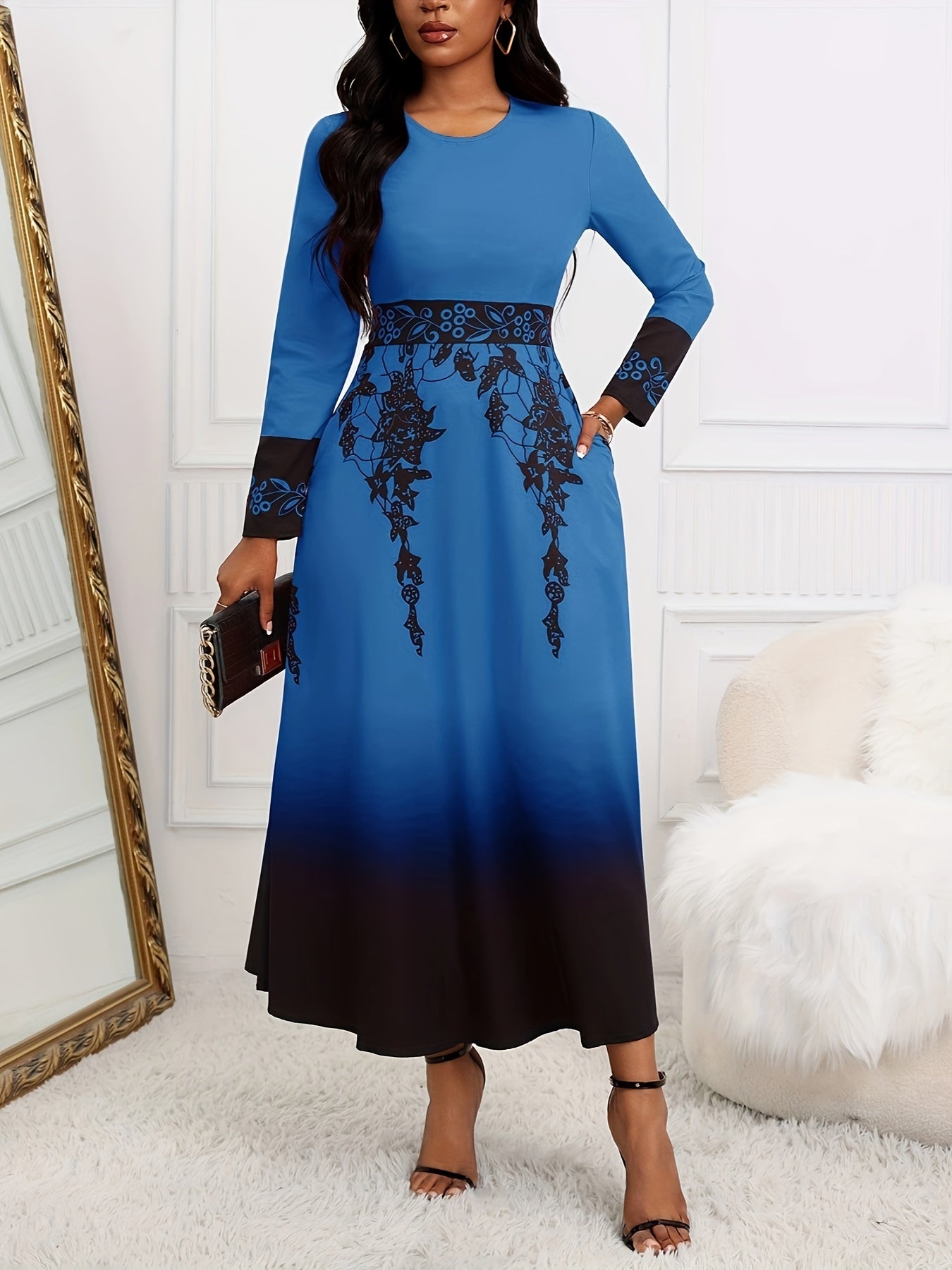 Floral Print Round Neck Long Sleeve Tunic Dress, Vintage Flared Gradient Color Maxi Dress, Women's Clothing